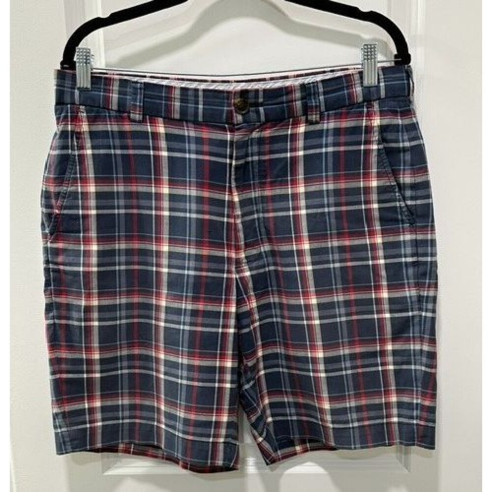 Brooks Brothers Mens Bermuda Short Navy Red Plaid Flat Front Size 33 100%Cotton